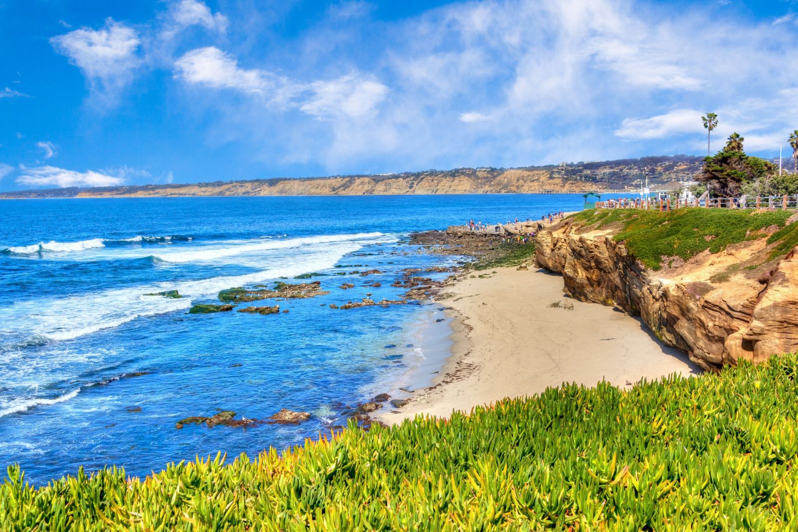 Buổi chiều đầy nắng tại thị trấn ven biển xinh đẹp nổi tiếng của bãi biển La Jolla Cove ở San Diego, California.