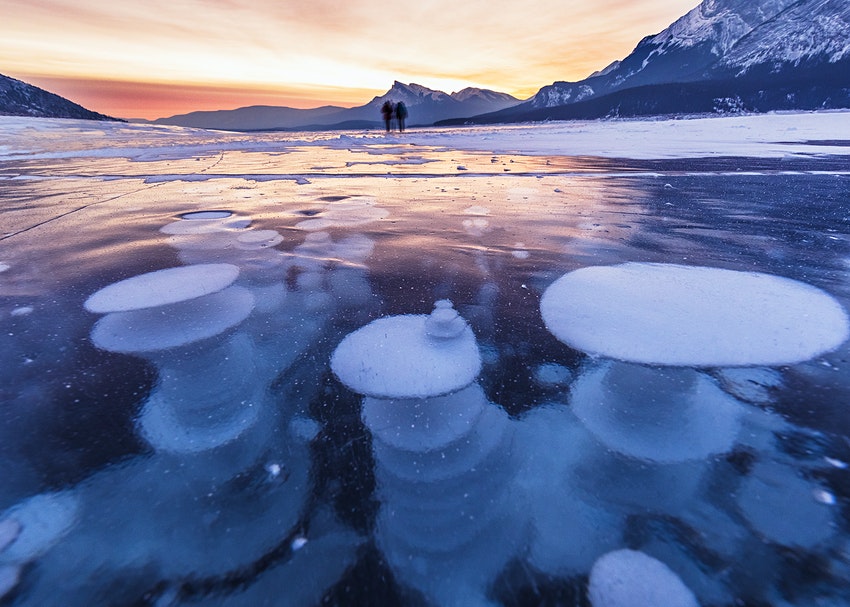 Chiêm ngưỡng bong bóng ở hồ Abraham, Alberta